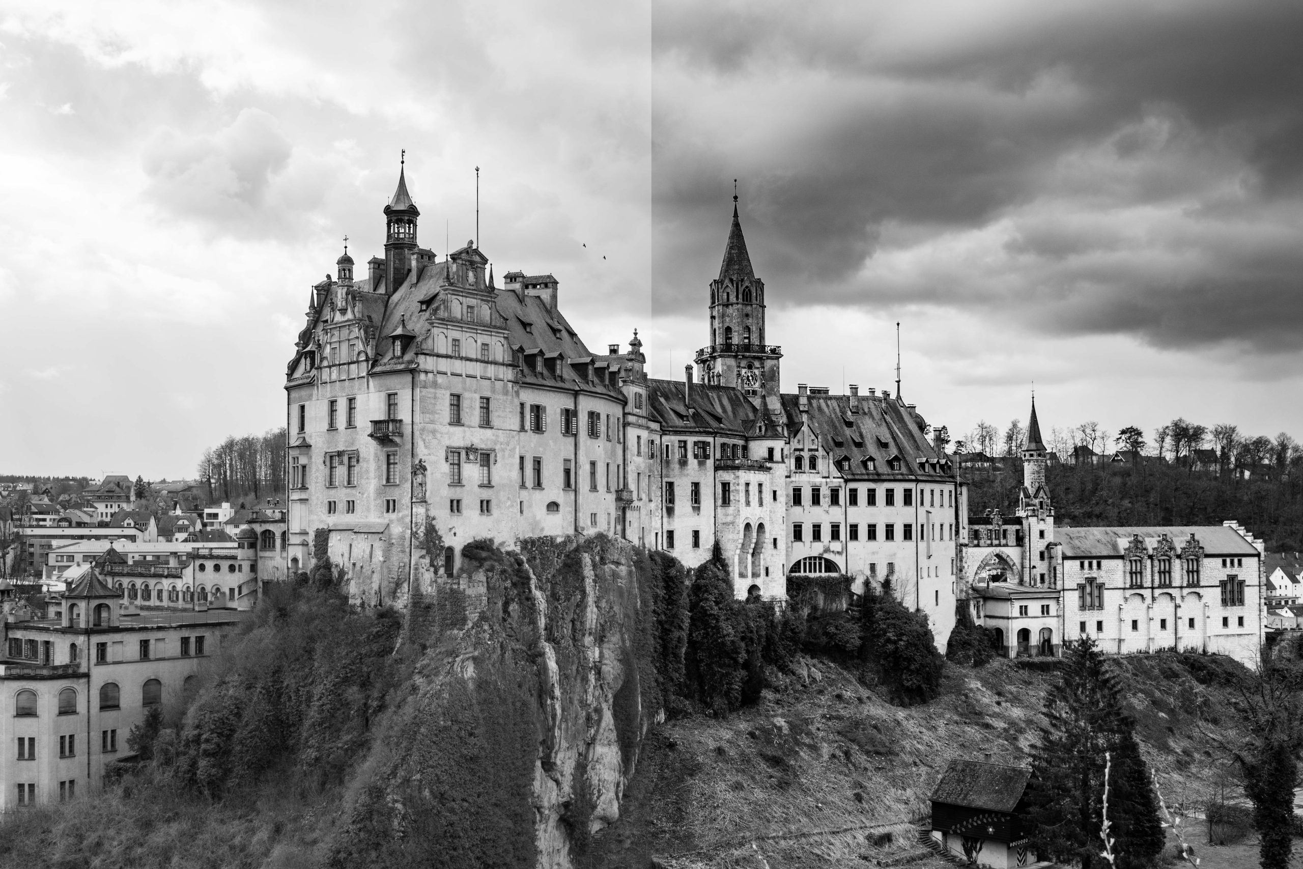 Comparaison de deux versions en photo noir et blanc du château de Sigmaringen, l’une plus plate et l’autre plus contrastée