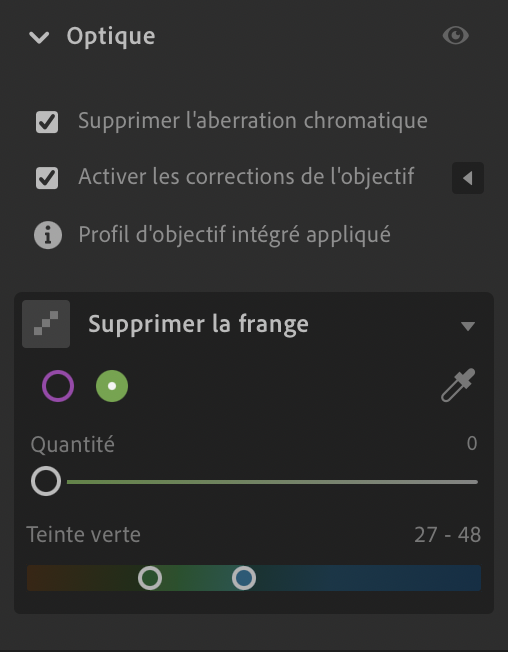 lightroom supprimer aberration chromatique panneau correction franges vert violet