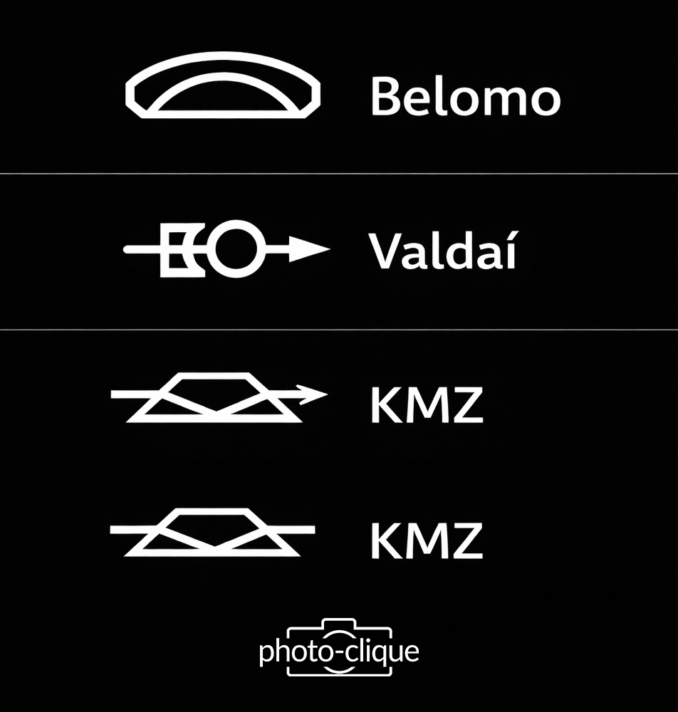 Logos des fabricants d’objectifs Helios Belomo, Valdaï et KMZ