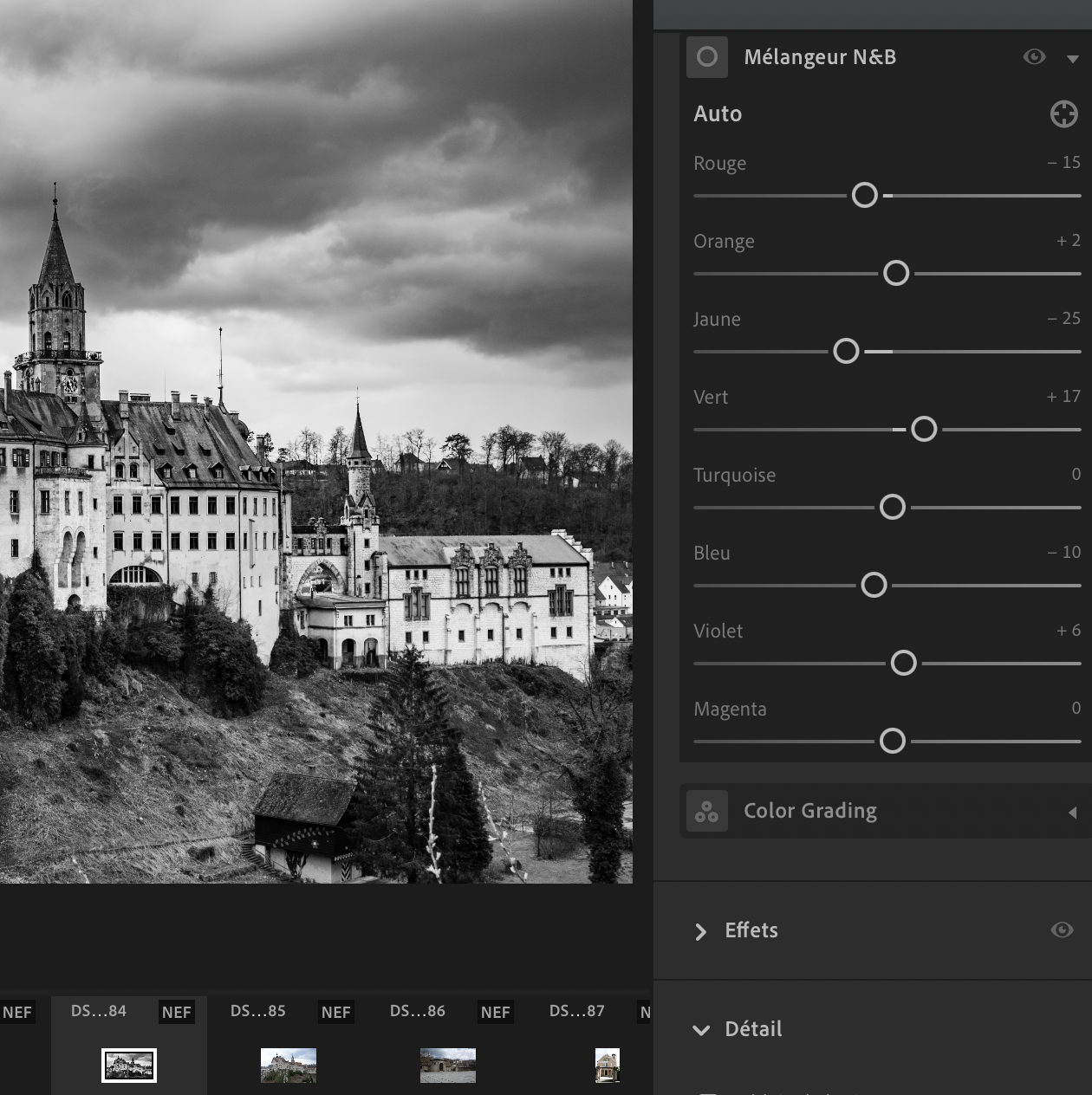 Capture de Lightroom avec le mélangeur noir et blanc appliqué à une photo du château de Sigmaringen