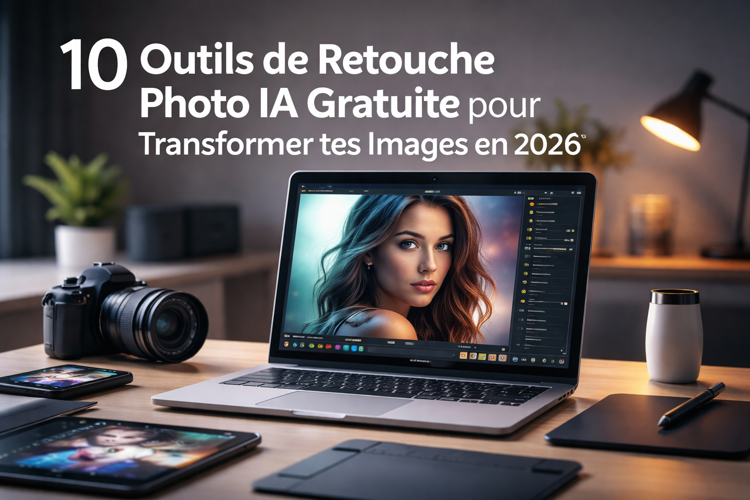 Espace de travail moderne avec ordinateur portable affichant une retouche photo assistée par IA, pour illustrer un article sur les outils de retouche photo IA gratuite en 2026