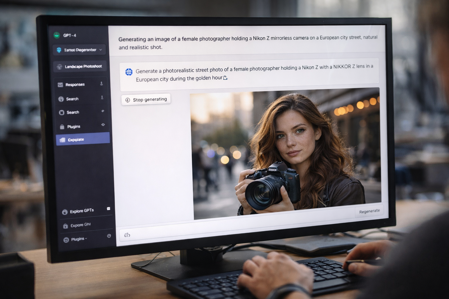 Écran d’ordinateur montrant la création d’une photographie générée par IA avec ChatGPT