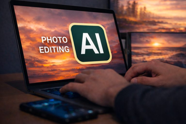 Interface de retouche photo IA gratuite sur un ordinateur portable avec logiciel de photo editing