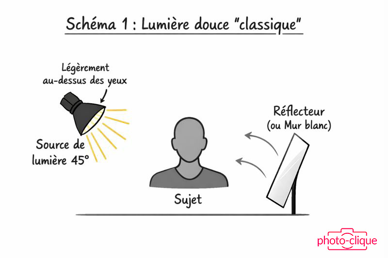 Schéma d’éclairage studio montrant une lumière douce placée à 45 degrés avec réflecteur