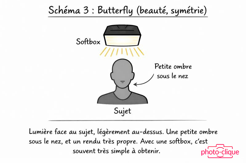 Schéma d’éclairage butterfly avec lumière centrée au-dessus du visage créant une ombre sous le nez
