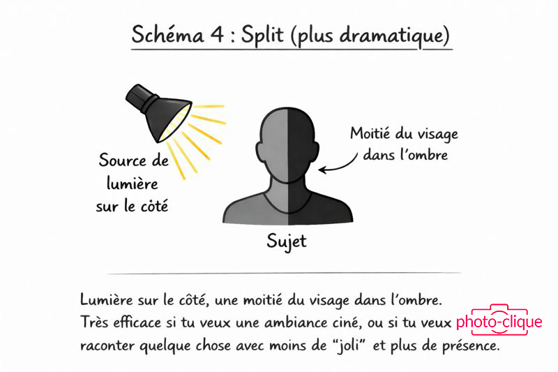 Schéma d’éclairage split avec une moitié du visage éclairée et l’autre dans l’ombre