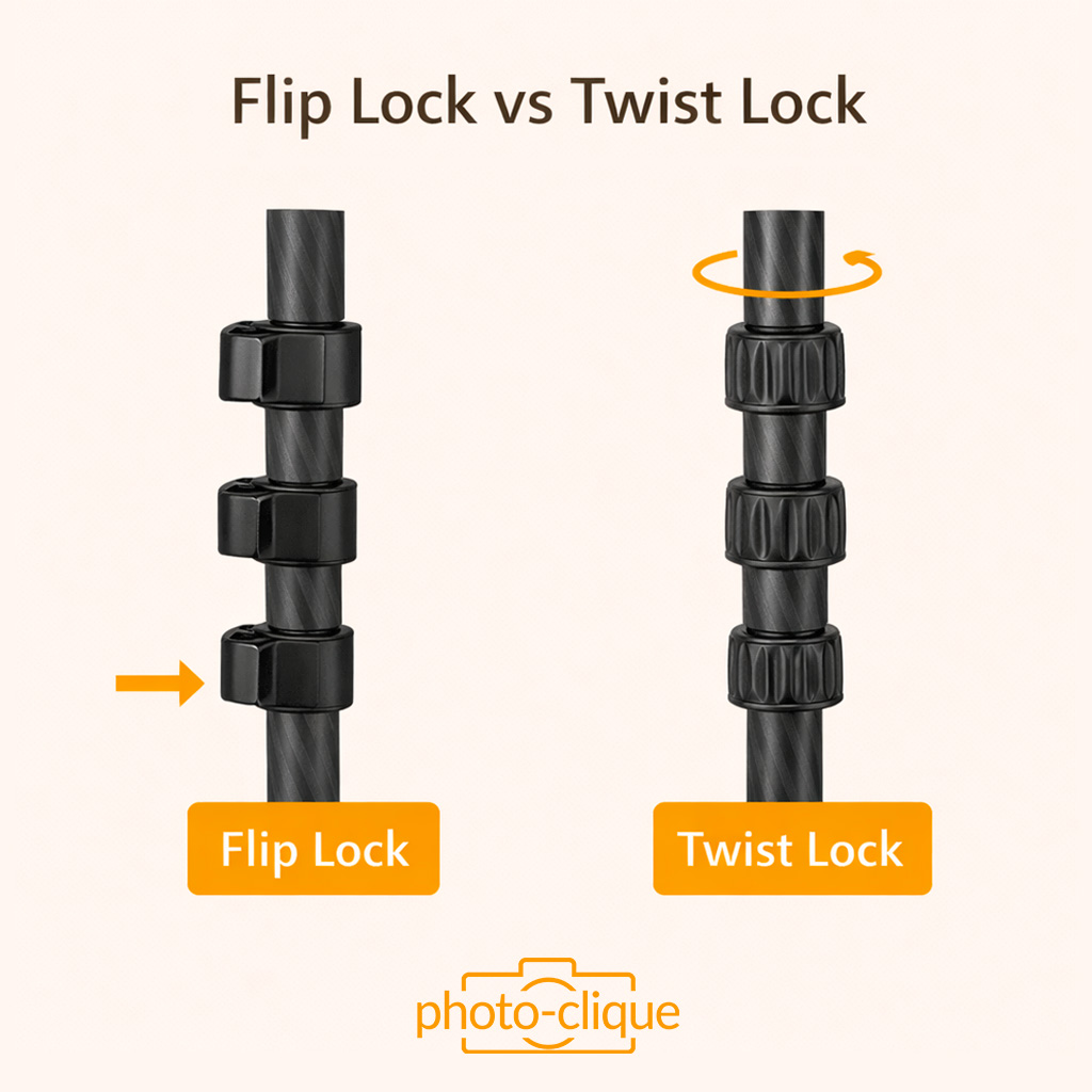 Comparaison entre système flip lock et twist lock sur trépied photo