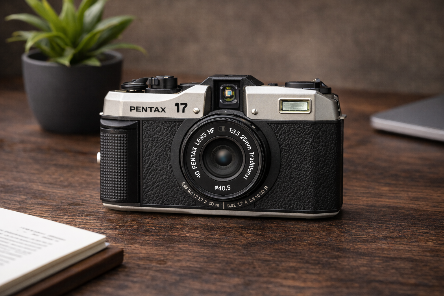 Pentax 17 posé sur un bureau, appareil photo argentique compact au design rétro