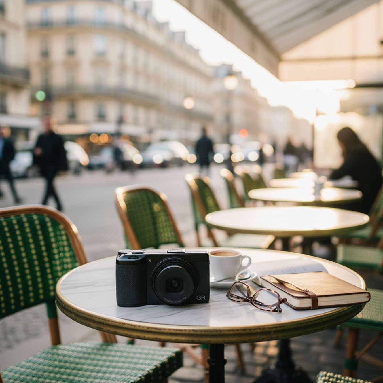 compact expert Ricoh GR posé sur une table de terrasse de café pour illustrer la street photography